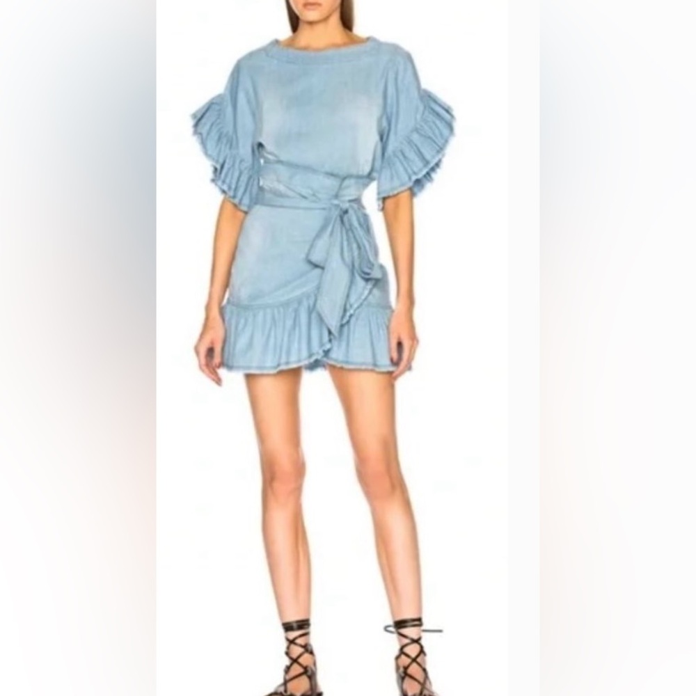 ISABEL MARANT ETOILE Lelicia Chambray Ruffle Wrap Dress 42 Minimalist feminine